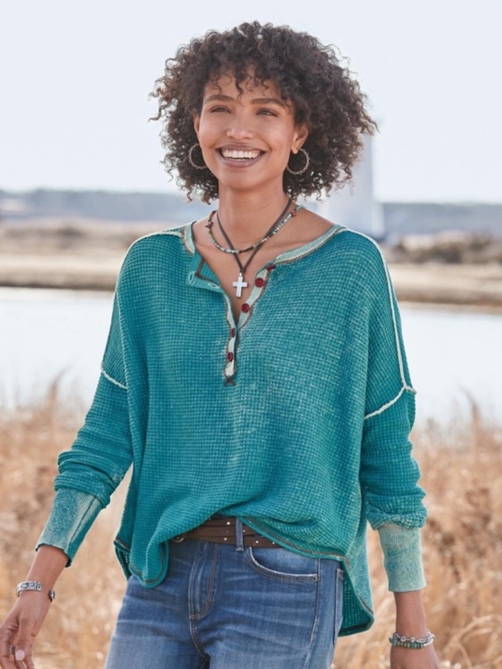 Sundance Gentry Waffle Knit Thermal Henley Top in Blue Women’s Small 100% Cotton